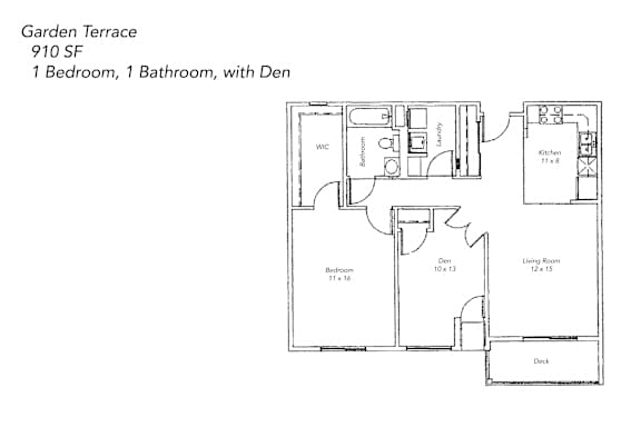 Floor Plan  A floor plan of a 910 square foot garden terrace with one bedroom and one bathroom.
