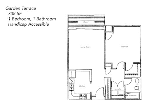 Floor Plan  A floor plan of a garden terrace with 738 square feet, including a kitchen, bathroom, laundry, and a bedroom.