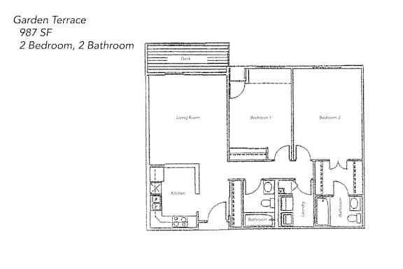 Floor Plan  A floor plan of a Garden Terrace 987 SF with 2 bedrooms and 2 bathrooms.