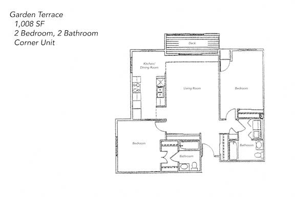 Floor Plan  A floor plan of a Garden Terrace, 1,008 square feet, with 2 bedrooms and 2 bathrooms.