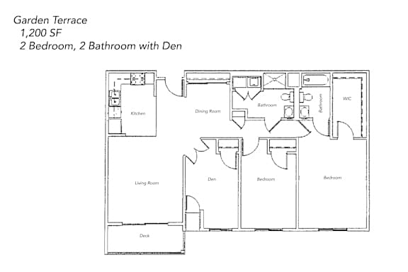 Floor Plan  A floor plan of a Garden Terrace apartment with 1,200 square feet, featuring two bedrooms, two bathrooms, a den, a kitchen, a living room, and a deck.