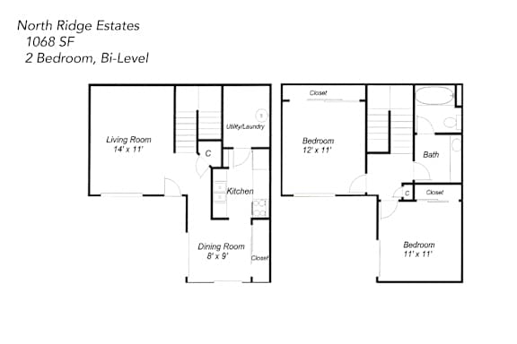 Floor Plan  A floor plan for a two bedroom, two bath bi-level home by North Ridge Estates.