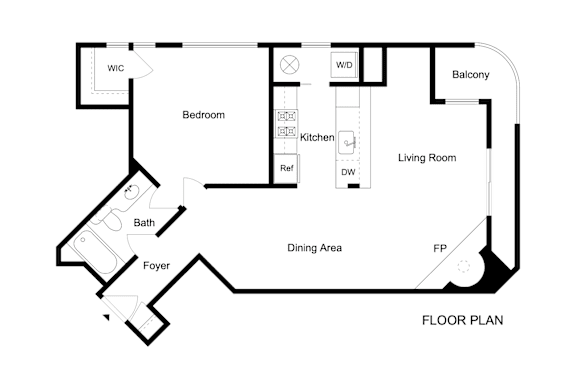 Floor Plan  A black and white floor plan of a home with a living room, dining area, kitchen, bath, foyer, bedroom and balcony.