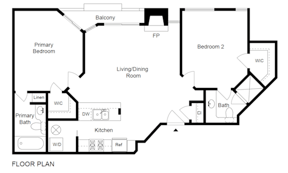 Floor Plan  A black and white floor plan of a home with a primary bedroom, living/dining room, kitchen, and two bathrooms.