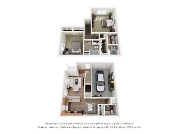 Floor Plan  Two images of a house layout with a kitchen, living room, and bedrooms.