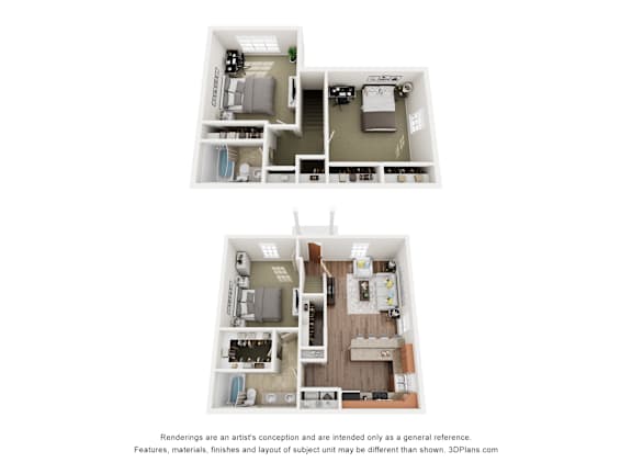 Floor Plan  Two images of a small apartment with a kitchen, living room, and bathroom.