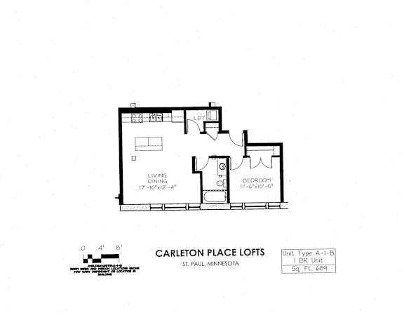 Floor Plan  floor plan of A building 1 bedroom B at Carleton Artist Lofts