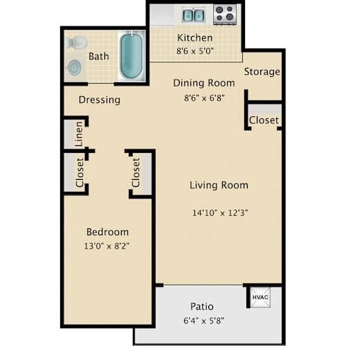 Floor Plan  A floor plan of a house with a living room, dining room, kitchen, bath, bedroom, and patio.