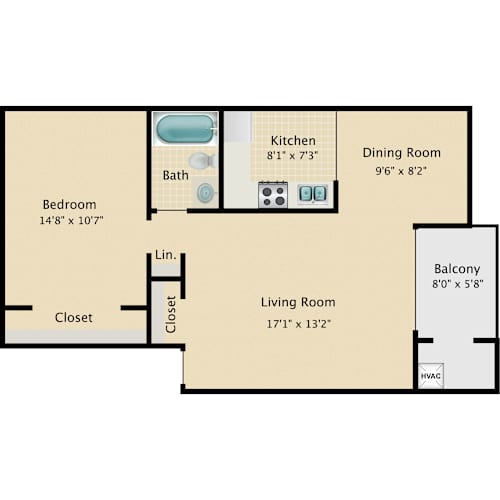 Floor Plan  A floor plan of a living space with a bedroom, bath, kitchen, dining room, and balcony.