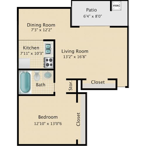 Floor Plan  A floor plan of a living space with a kitchen, dining room, living room, and bathroom.