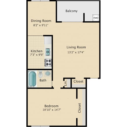 Floor Plan  A floor plan of an apartment with a balcony, dining room, living room, kitchen, bath, and two bedrooms.