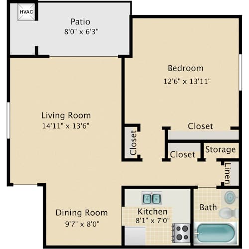 Floor Plan  A floor plan of a house with a living room, dining room, kitchen, bedroom, and bathroom.