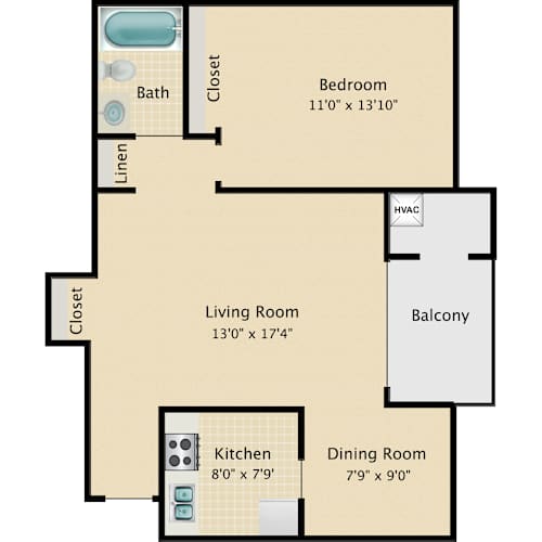 Floor Plan  A floor plan of a home with a bedroom, living room, kitchen, dining room, and balcony.