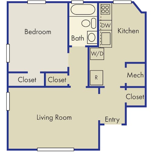 Floor Plan  A floor plan of a house with a bedroom, kitchen, bathroom, and living room.