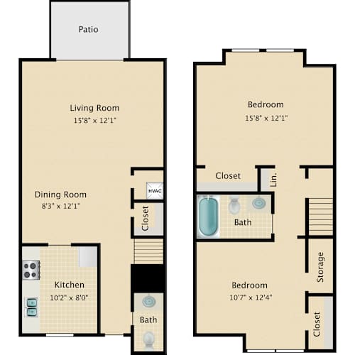 Floor Plan  A floor plan of a two-bedroom apartment with a living room, dining room, kitchen, and bathroom.