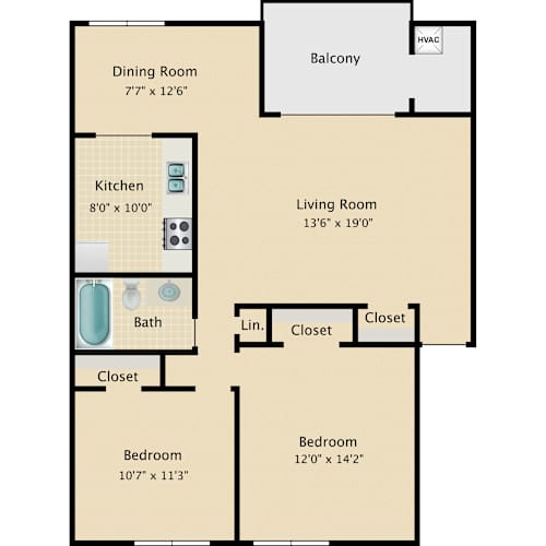 Floor Plan  A floor plan of a house with a living room, two bedrooms, a kitchen, a bathroom, a dining room, and a balcony.