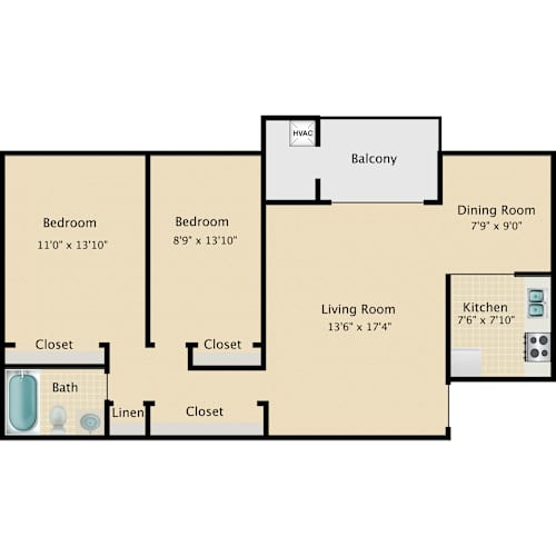 Floor Plan  A floor plan of a house with two bedrooms, a living room, a dining room, a kitchen, a balcony, a bathroom, and a laundry area.