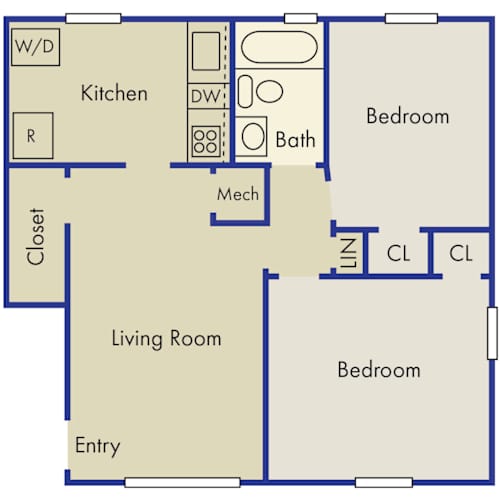 Floor Plan  A floor plan of a house with a kitchen, living room, and two bedrooms.