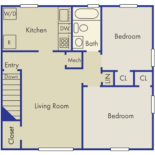 Floor Plan  A floor plan of a house with a kitchen, living room, and two bedrooms.