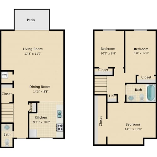 Floor Plan  A floor plan of a house with two bedrooms, a living room, a dining room, a kitchen, and a patio.