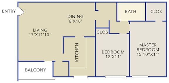 Floor Plan  A floor plan of a house with a living room, kitchen, two bedrooms, a bathroom, and a balcony.