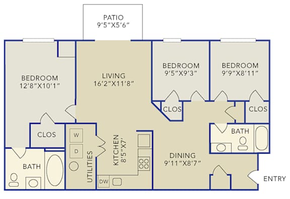 Floor Plan  A floor plan of a house with a patio and four bedrooms.