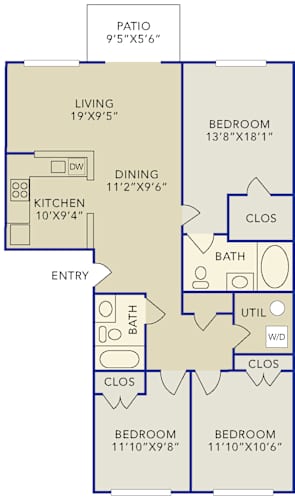 Floor Plan  A floor plan of a house with a living area, kitchen, dining area, two bedrooms, a bathroom, and a utility closet.