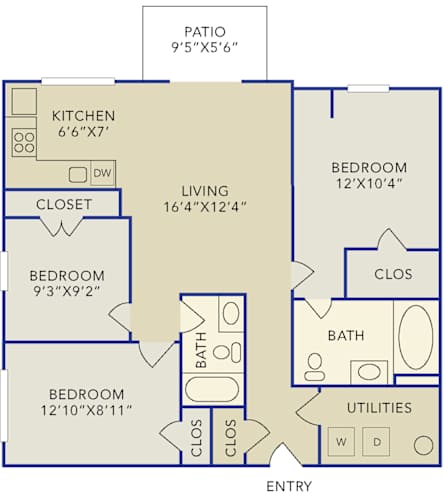 Floor Plan  A floor plan of a house with a kitchen, living room, and three bedrooms.
