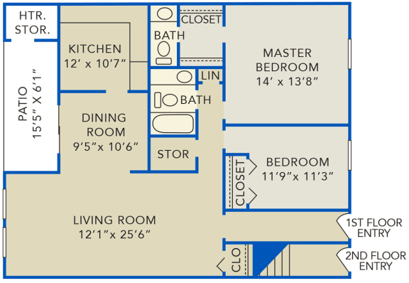 Floor Plan  Two-Bedroom 1 1/2  Bath Apartment
