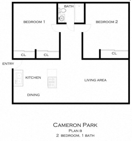 Floor Plan  Two bedroom 1 bath floor plan at CAMERON PARK Apartments, California, 91790