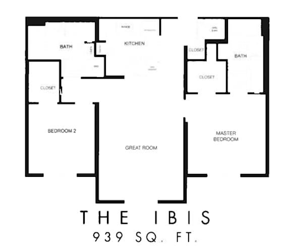 Floor Plan  Floor plan of apartment named The Ibis at 939 SQ. FT.