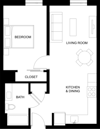Floor Plan  a floor plan of a small house with a kitchen and a living room