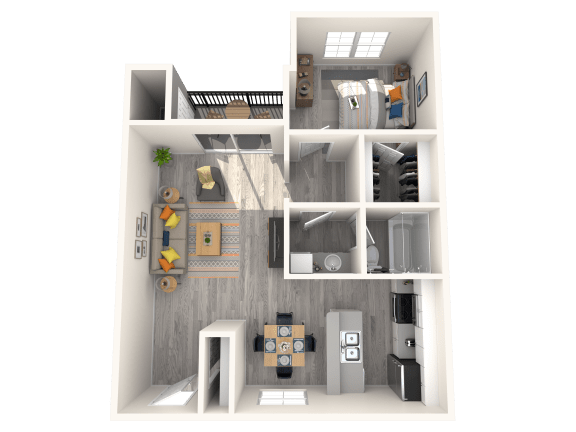 Floor Plan  Apartments for Rent in Tempe, AZ – Sono Tempe -  3D Floorplan of our 1 Bed, 1 Bath 664 Sq. Ft. Campbell Floorplan