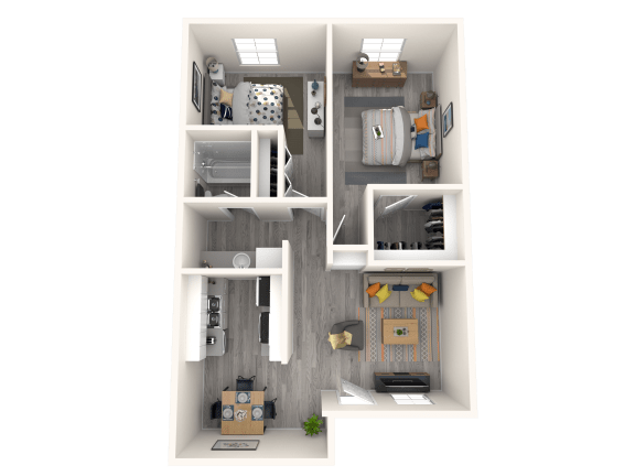 Floor Plan  Pet Friendly Apartments in Tempe, AZ – Sono Tempe – 3D Floorplan of our 2 Bed, 1 Bath 904 Sq. Ft. Cooper Floorplan