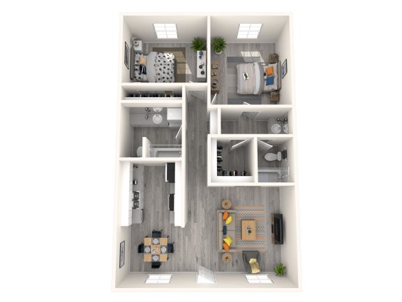 Floor Plan  Apartments for Rent in Tempe, AZ – Sono Tempe - 3D Floorplan of our 2 Bed, 2 Bath 934 Sq. Ft. Draper Floorplan