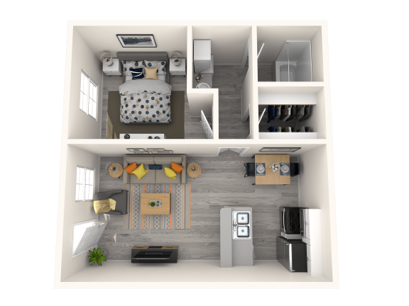 Floor Plan  Pet Friendly Apartments in Tempe, AZ – Sono Tempe – 3D Floorplan of our 1 Bed, 1 Bath 659 Sq. Ft. Harris Floorplan