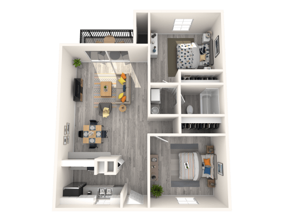 Floor Plan  Tempe, AZ Apartments - Sono Tempe - 3D Floorplan of our 2 Bed, 1 Bath, 768 Sq. Ft. Sterling Floorplan