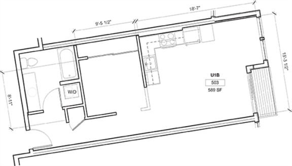 Floor Plan  1 Bed - 1 Bath, 630 sq ft, Urban 1 Bedroom D floor plan