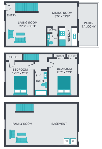 Floor Plan  two bedroom townhome floor plan at central square apartments
