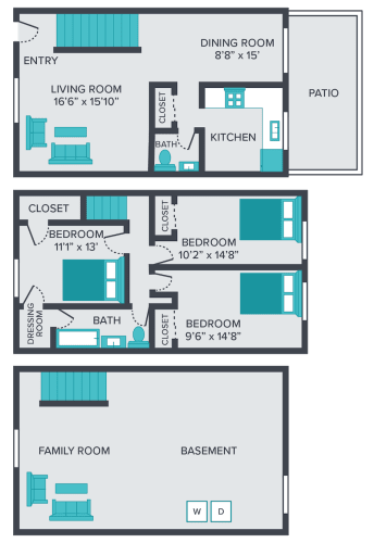 Floor Plan  three bedroom townhome floor plan at central square apartments