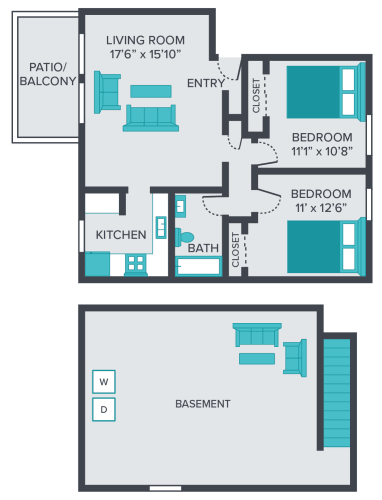 Floor Plan  two bedroom one bathroom floor plan at central square apartments