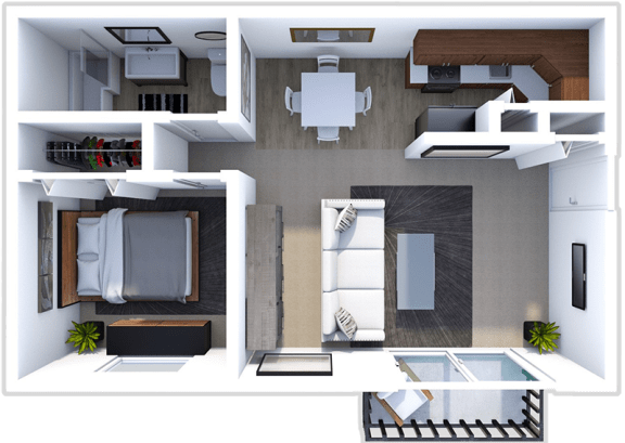 Floor Plan  a 3d rendering of our 1 bedroom apartment at the crossings at white marsh apartments in white