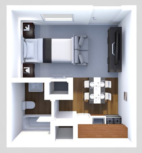 Floor Plan  a bedroom with a bed and a tv in a room