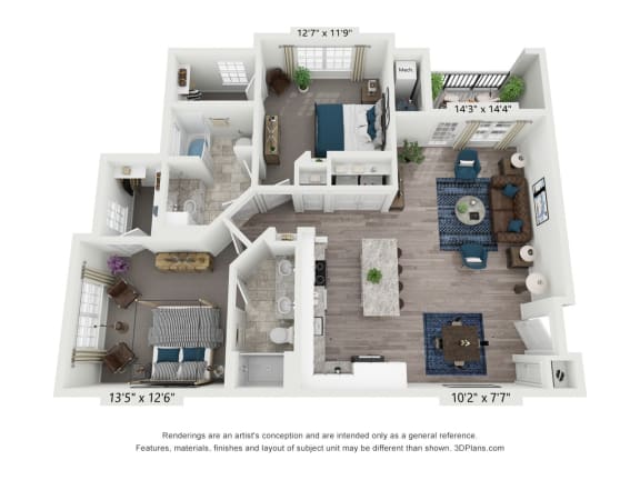 Floor Plan  The Creswell is a 2 bedroom, 2 bathroom floor plan at 8 West in Greensboro, NC
