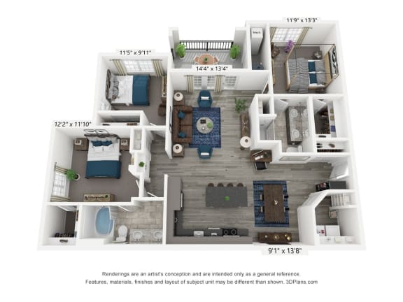 Floor Plan  The Hadley is a 3 bedroom, 2 bathroom floor plan at 8 West in Greensboro, NC