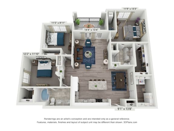 Floor Plan  The Haven is a 3 bedroom, 2 bathroom floor plan at 8 West in Greensboro, NC