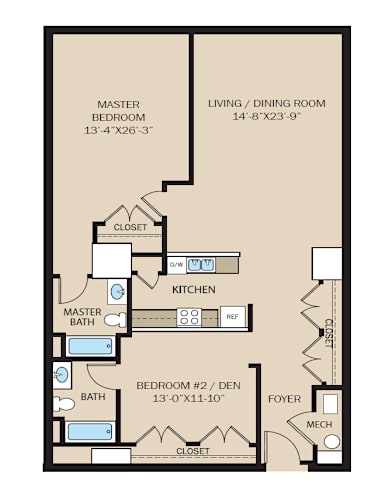 Floor Plan  A floor plan of a home with a master bedroom, a second bedroom, a kitchen, and a living/dining room.