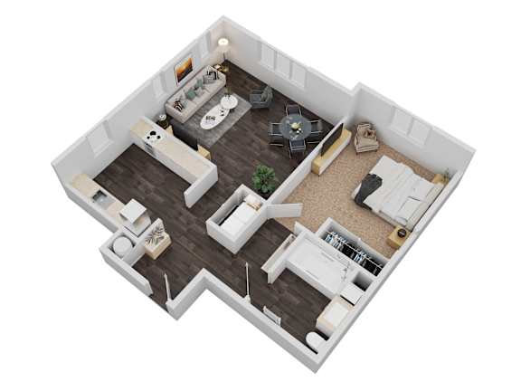 Floor Plan  A top-down view of a small apartment with a living room, kitchen, and bedroom.