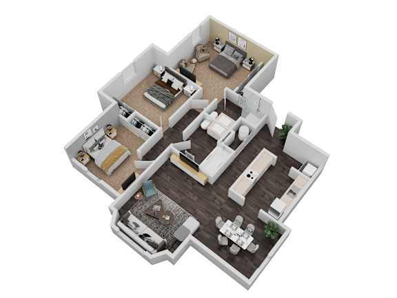 Floor Plan  A 3D floor plan of a house with multiple rooms.