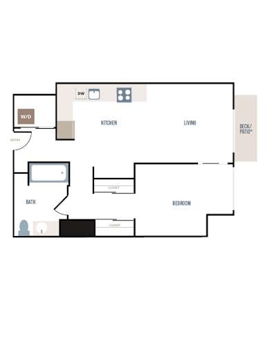 Floor Plan  A floor plan of a house with a kitchen, living room, bedroom, bathroom, and deck/patio.